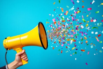 A yellow megaphone emits colorful confetti against a blue background.