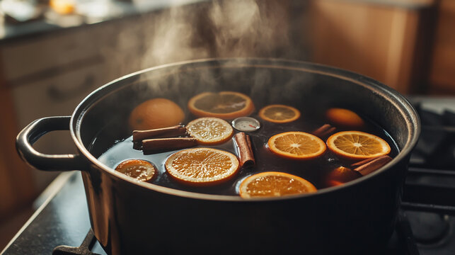 Close-up of a pot simmering mulled wine with floating slices of orange, cinnamon sticks, and other fruits, kitchen thermometer inserted