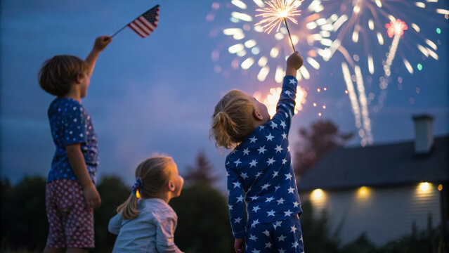 Independence day celebration. Children night fireworks celebration American flag pajamas outdoor joy, family gathering holiday, 4th july - Powered by Adobe