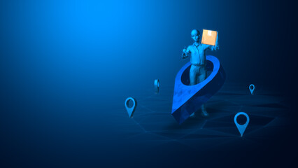 Delivery Girl Holding Package with Digital Location Markers, GPS Tracking, and Smart Logistics in a Virtual Environment