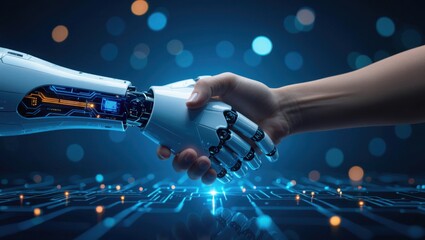 Human hand and robotic arm shake in a futuristic digital circuit board environment