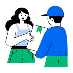 Flat style illustration showing delivery man bringing a package
