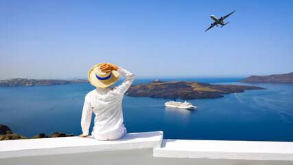 Happy moment freedom young tourist man lifestyle Relaxation as fresh of summer with back view of young man in hat  at  Santorini island ,Greece