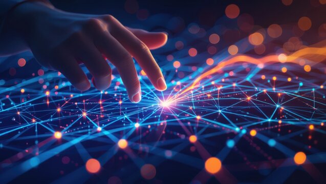 Fingertip activates glowing digital network of futuristic connections and data streams