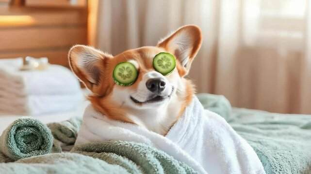 A relaxed dog wrapped in a towel with cucumber slices on its eyes, enjoying a spa-like ambiance.
