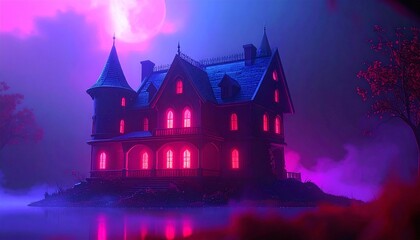 Mysterious Haunted Mansion In Snowy Landscape At Night With Pink And Purple Lighting