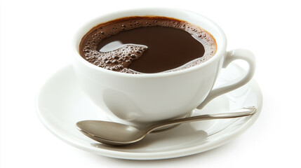 Hot cup of coffee with a dynamic splash drop in mid-air, placed on a white saucer with a spoon, isolated on white background