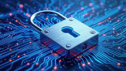 Digital security concept featuring a gleaming padlock protecting a vibrant blue circuit board with glowing red data points