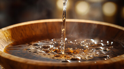 Macro shot of pour-over coffee method, water streaming onto coffee grounds in a glass dripper