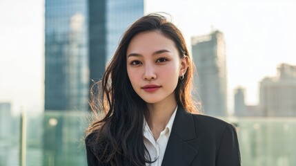 A young woman in a blazer against a city backdrop