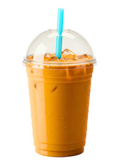 Refreshing thai iced tea in a clear plastic cup with orange straw isolated on transparent background