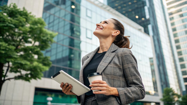 Flexible working. Businesswoman tablet coffee city outdoor smiling professional modern office, hybrid, work from home ,remote ,work life balance