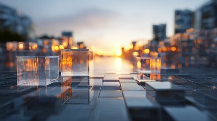 Obraz premium A futuristic city formed from glowing cubes, set against a vibrant abstract background, uses light effects and reflective surfaces to present a dynamic, tech-inspired cityscape.