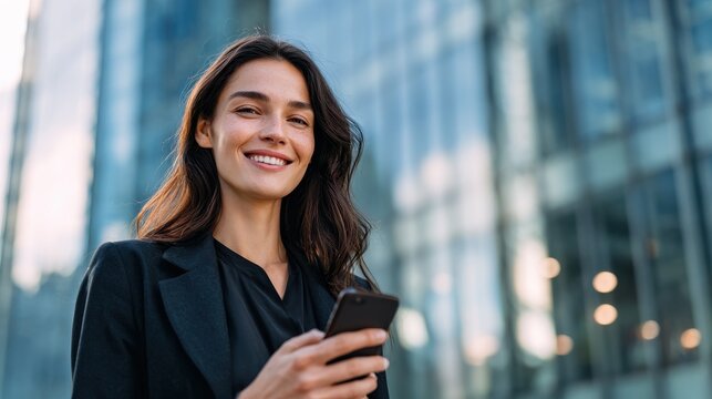 A young woman smiles while holding a smartphone in front of a glass building