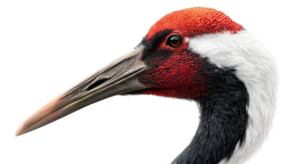 A close-up of a striking crane with vibrant red and white feathers. transparent background