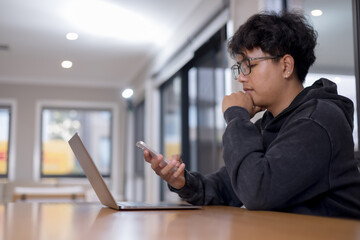 Social media and digital online concept, man using smart phone. The concept of living on vacation and playing social media. Social Distancing ,Working From Home