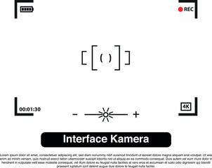 Digital camera viewfinder interface on a white background, featuring recording indicators, focus reticle, brightness scale, and battery icon, simulating a live video capture scene.