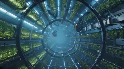 Vertical crops thrive on walls of a cylindrical farm module, illuminated by ambient blue light. This modern agricultural technology highlights efficient farming practices in a unique design - Powered by Adobe