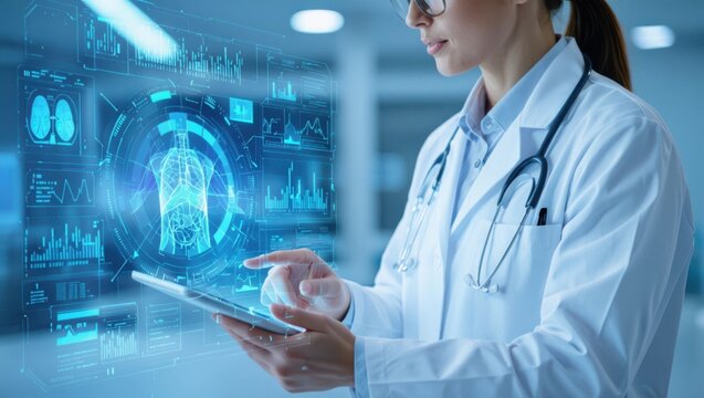 Medical professional engages with advanced holographic display of human anatomy and health data analytics