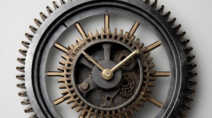 Obraz premium Steampunk inspired Victorian gear clock plain white backdrop retro futuristic blend of art mechanics niche antique design trend creative visuals close up shot 