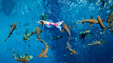 Happy moment with mermaid tail swims and dives under sunlit deep water	