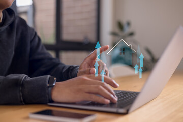 real estate investment concept energy efficiency rating and property value, Real estate online on virtual screens. new home for the family, home search, land price, property tax.
