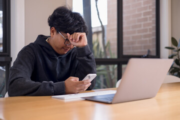 Social media and digital online concept, man using smart phone. The concept of living on vacation and playing social media. Social Distancing ,Working From Home