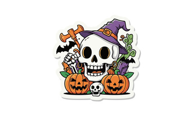 Halloween Skull Surrounded by Spooky Elements