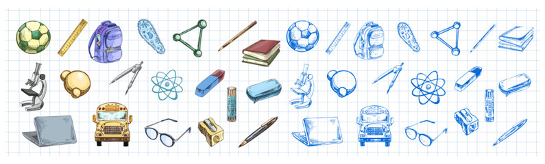 Hand drawn vintage set of colorful and monochrome school supplies and science objects on grid paper background