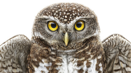 A close-up portrait of an owl with striking yellow eyes. transparent background