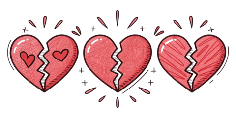Outline drawing broken red hearts line clipart symbol collection.broken heart pink doodle hand drawn icon set. 