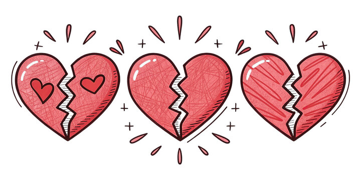 Outline drawing broken red hearts line clipart symbol collection.broken heart pink doodle hand drawn icon set.  - Powered by Adobe