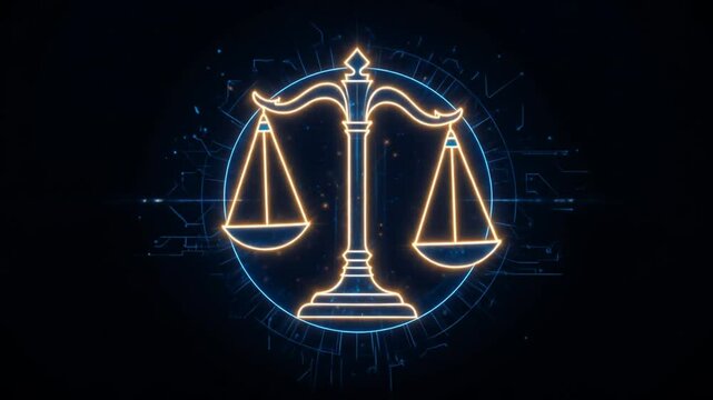 Animated Scales of Justice in Neon Light, Law and Order, Fair Judgment Concept