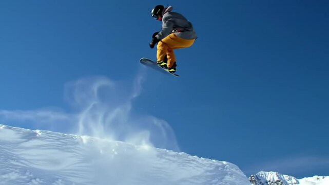 A snowboarder performing a backflip off a mountain jump in fresh powder