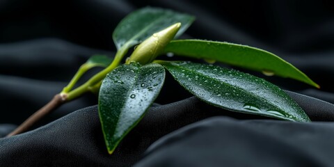 A single green twig placed on a black cloth backdrop