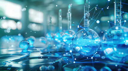 Smart water analysis with connected flasks in futuristic lab – digital testing, liquid sensors, blue science scene