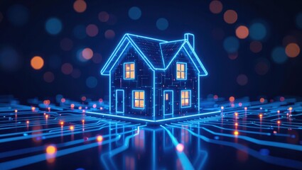 Illuminated futuristic neon house structure connected by glowing digital circuits and data streams