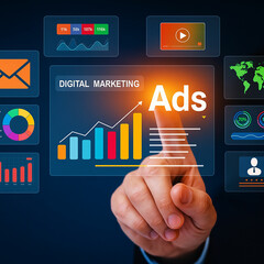 Hand interacting with digital marketing interface showing graphs and data