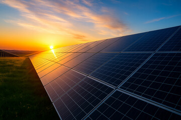 Solar panels reflecting the warm glow of a vibrant sunset in a grassy field