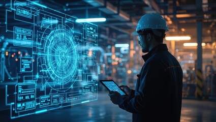 Engineer interacting with advanced holographic blueprint display using a tablet in a modern facility