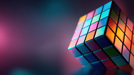 Cube unfolding into colorful grid, focused lighting