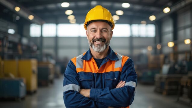Smiling male factory worker wearing yellow hard hat and blue orange safety uniform with arms crossed