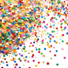 Joyful Celebration Confetti Background: Vibrant Circles and Stars on Gray, Festive and Playful Texture.