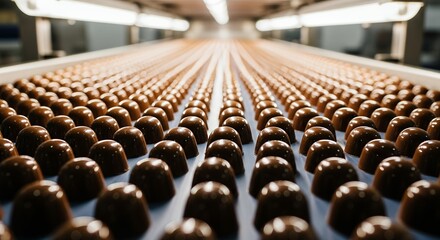 Obraz premium Rows of chocolate candies moving along a conveyor belt in a factory.