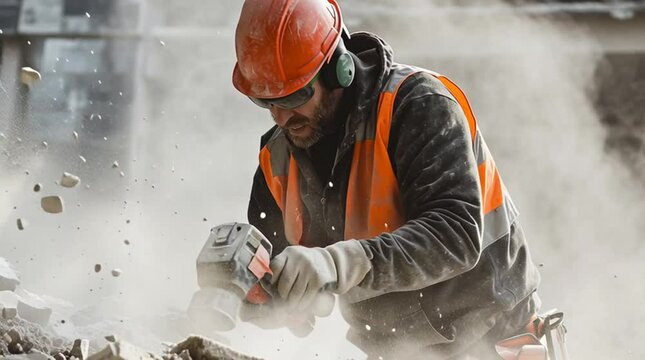 A worker using power tools for demolition or construction, with dust and debris, showing active work.