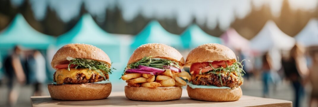Music Festival Summer Vibes Gourmet Burgers and Fries on Food Truck Counter with Festival Tents for Social Dining and Outdoor Food Event Promotion