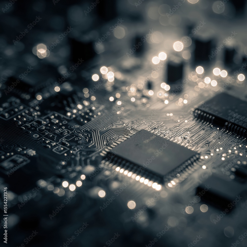 Aufkleber Quantum computing sensor board with visible circuits and chips, showcasing advanced cryptography technology for secure data in futuristic lab environments
