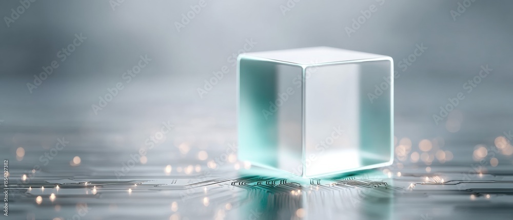 Aufkleber Futuristic Quantum Security Cube on Digital Circuit Board with Glowing Network Connections for Advanced Data Integrity and Tech Innovation Marketing