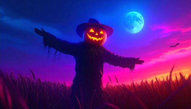 Pixel Art Scarecrow with Pumpkin Head in a Colorful Field - Powered by Adobe