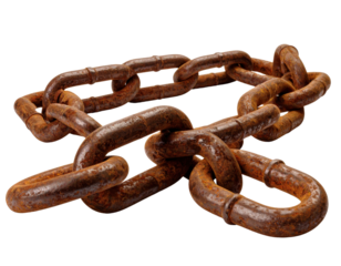 A heavy, rusted metal chain lying on a surface, symbolizing strength, confinement, industrial age, and the passage of time.